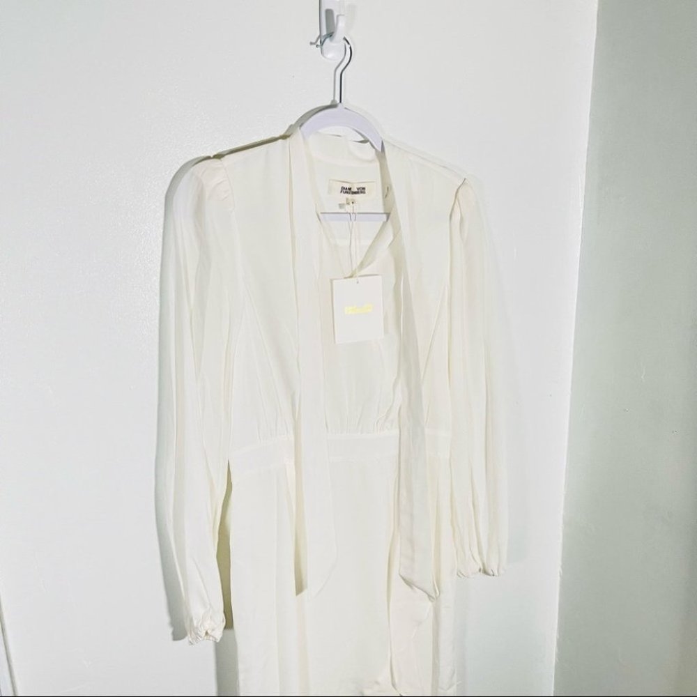 NWT Diane Von Furstenberg Agna Tie Neck Long Sleeve Midi Dress in Ivory - Picture 3 of 8